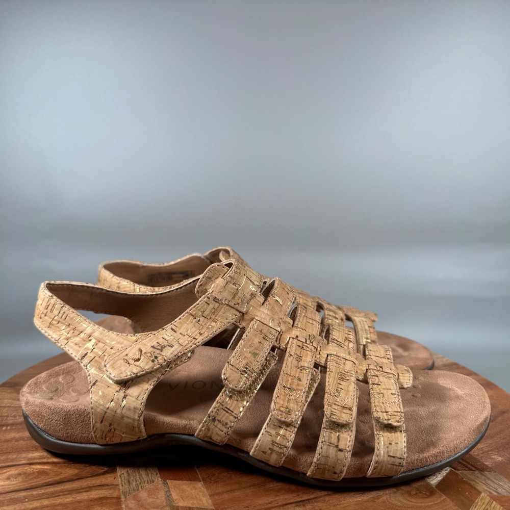 Vionic Harissa Cork Gold Metallic Strappy Sandal Womens 8 Orthopedic Comfort